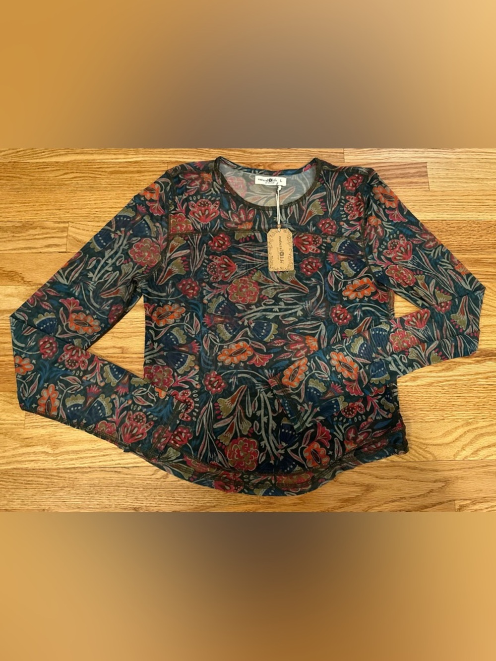 Natural Life Sloane Mesh Long Sleeve Green Floral Top Women’s Size Large